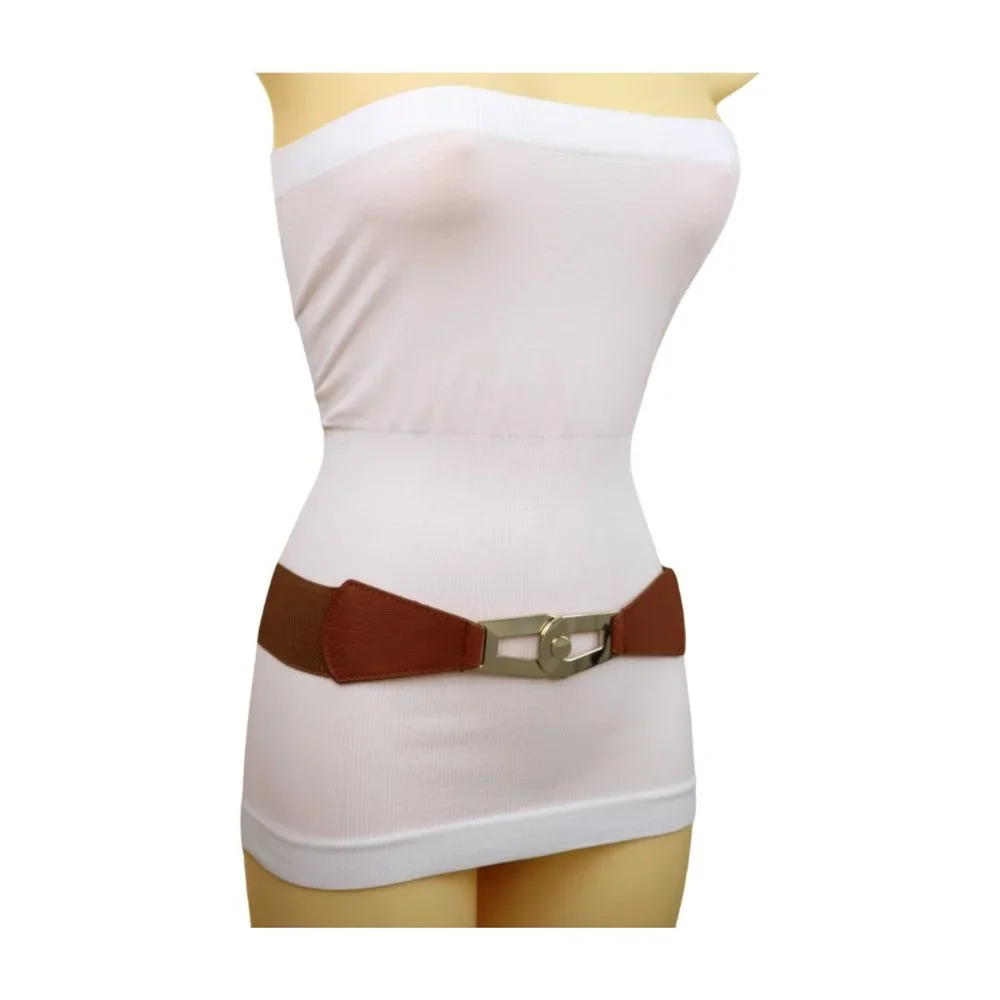 Women Brown Elastic Skinny Waistband Hip Waist Belt Gold Metal Buckle S M z046 - Picture 3 of 13